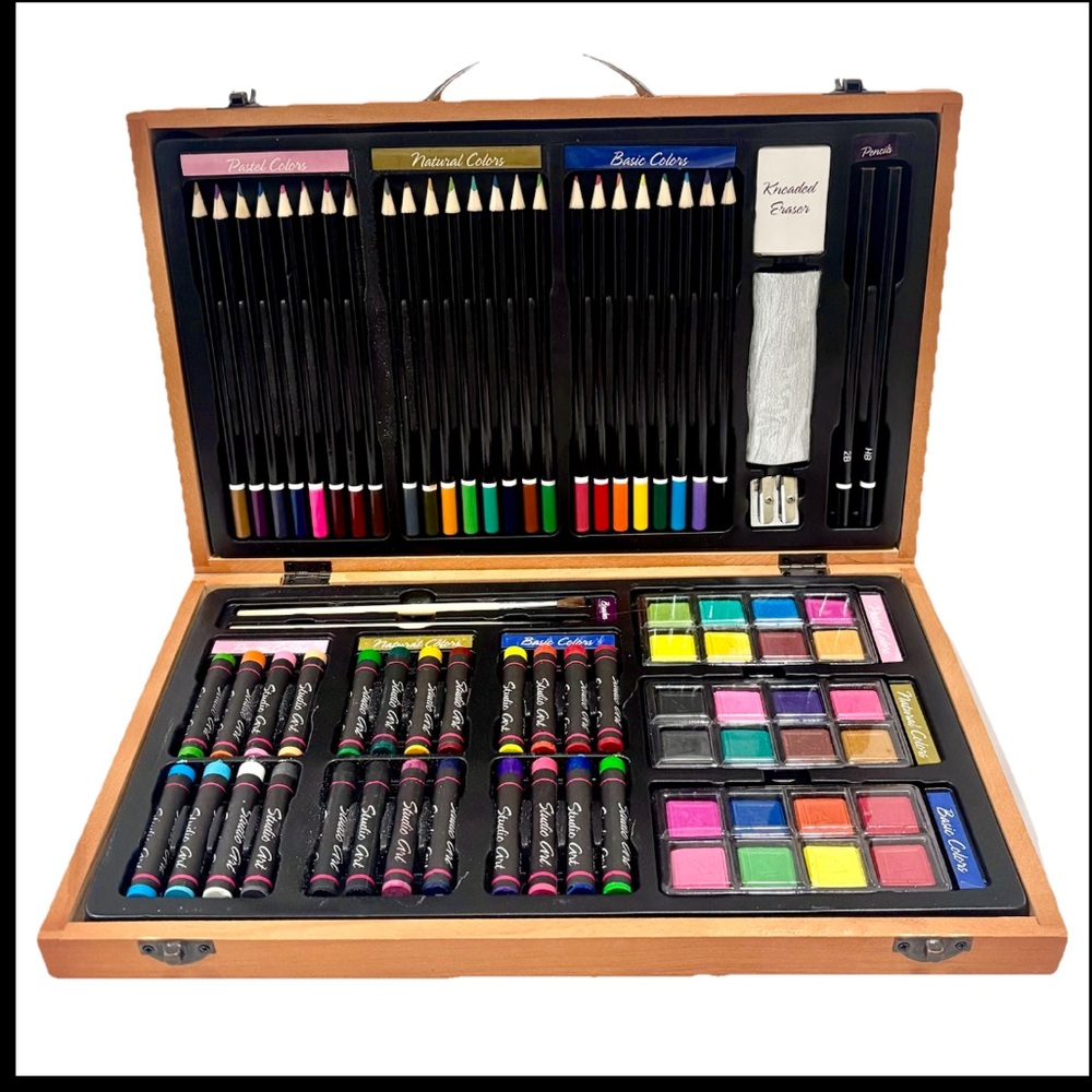 New 80pc Wood Case Art Set Professional Draw Paint Kit Adult Kid Oil Pastel